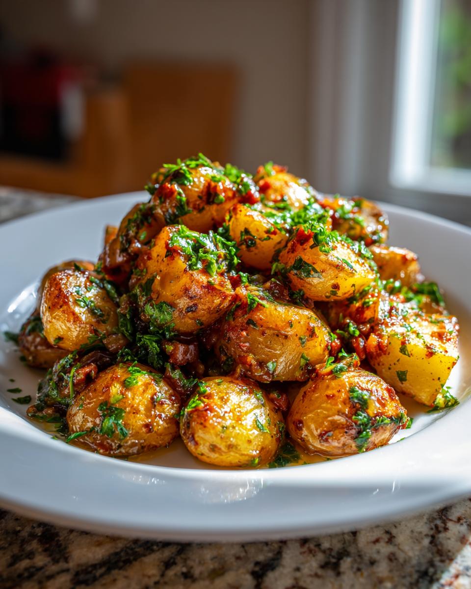 A close-up of glistening, golden roasted potato salad tossed in a savory dressing and topped with fresh parsley.