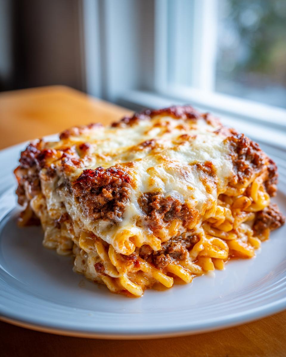 A hearty serving of Salisbury steak pasta baked casserole style, topped with bubbling melted cheese.