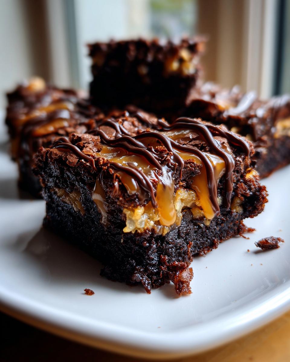 A close-up of a rich, fudgy Samoa box mix brownies square topped with caramel and chocolate drizzle.