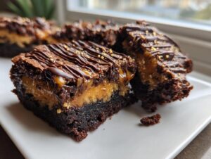 Close-up of rich Samoa box mix brownies featuring a thick caramel layer, drizzled with chocolate and sprinkled with gold dust.