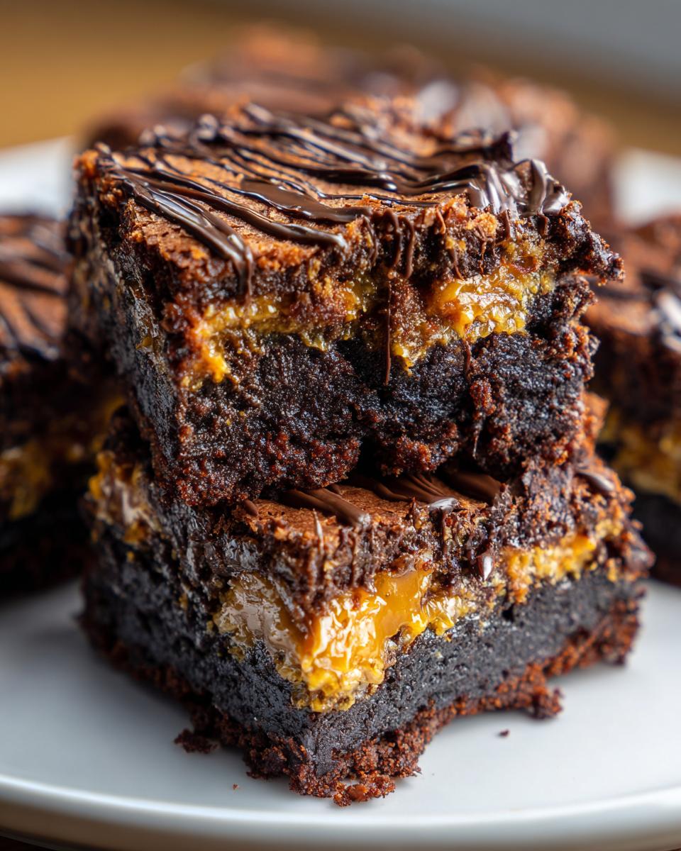 Two stacked, fudgy Samoa box mix brownies showing a thick, gooey caramel layer inside and drizzled with chocolate.