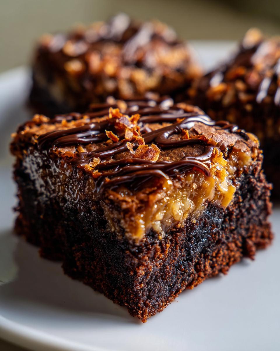 A rich, fudgy square of samoa box mix brownies topped with caramel, nuts, and a dark chocolate drizzle.