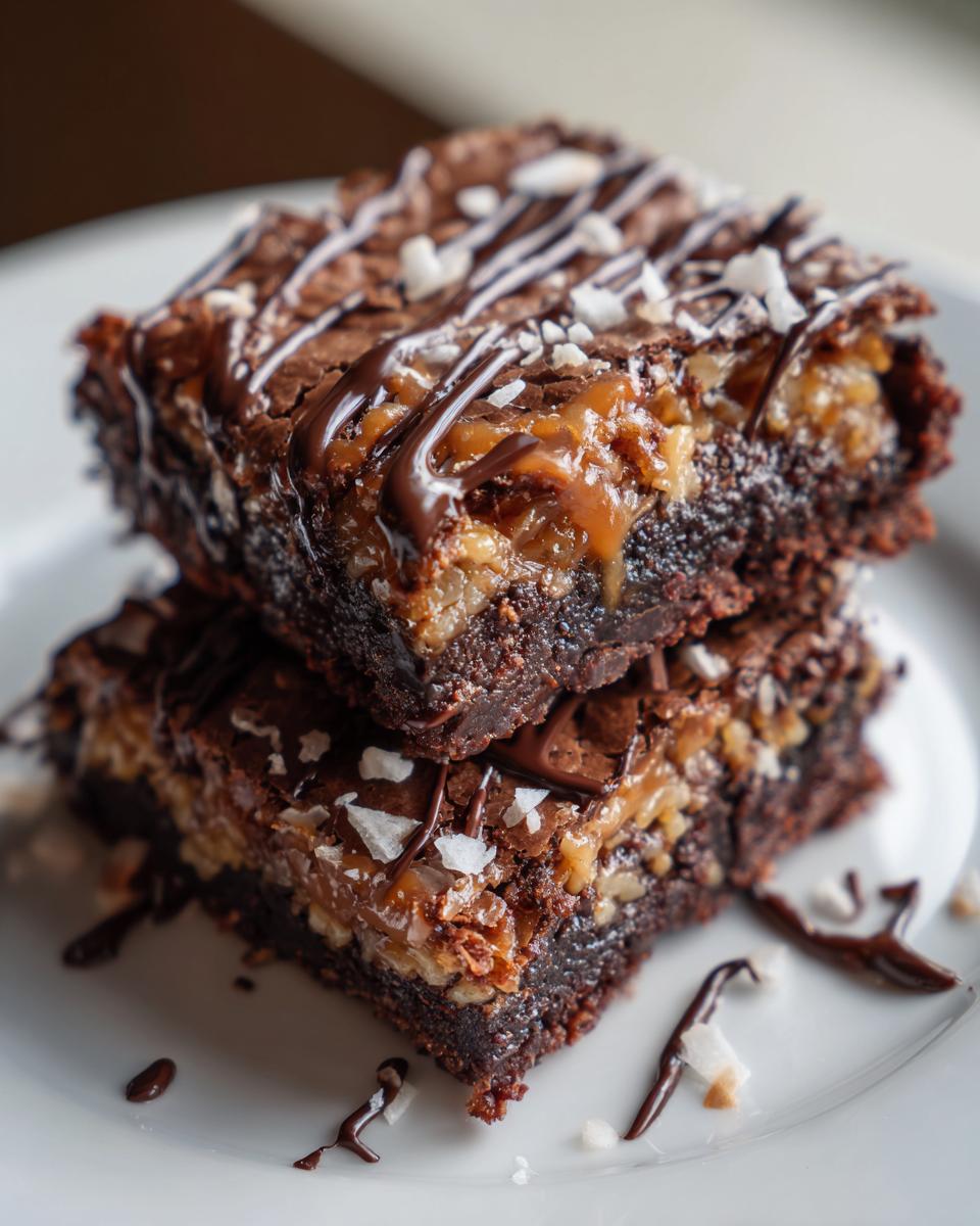 Two stacked Samoa box mix brownies topped with gooey caramel, chocolate drizzle, and sea salt flakes.