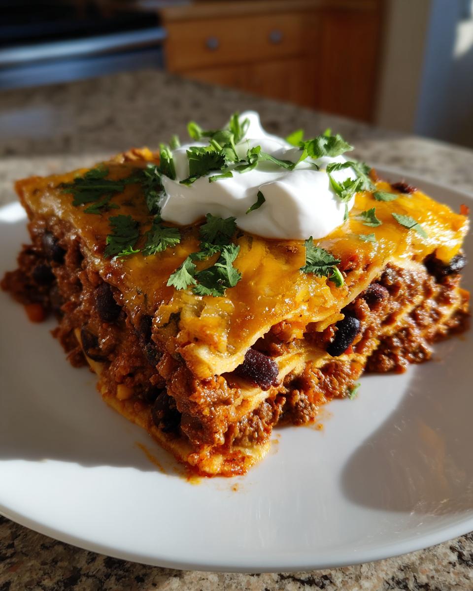 A close-up serving of Mexican lasagna layered with meat, beans, melted cheese, sour cream, and fresh cilantro.