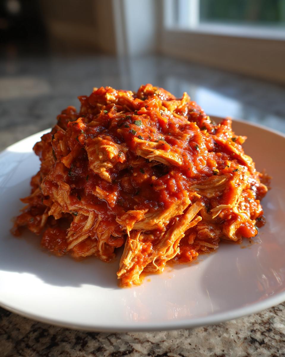 A mound of shredded crockpot italian chicken smothered in rich, red tomato sauce on a white plate.