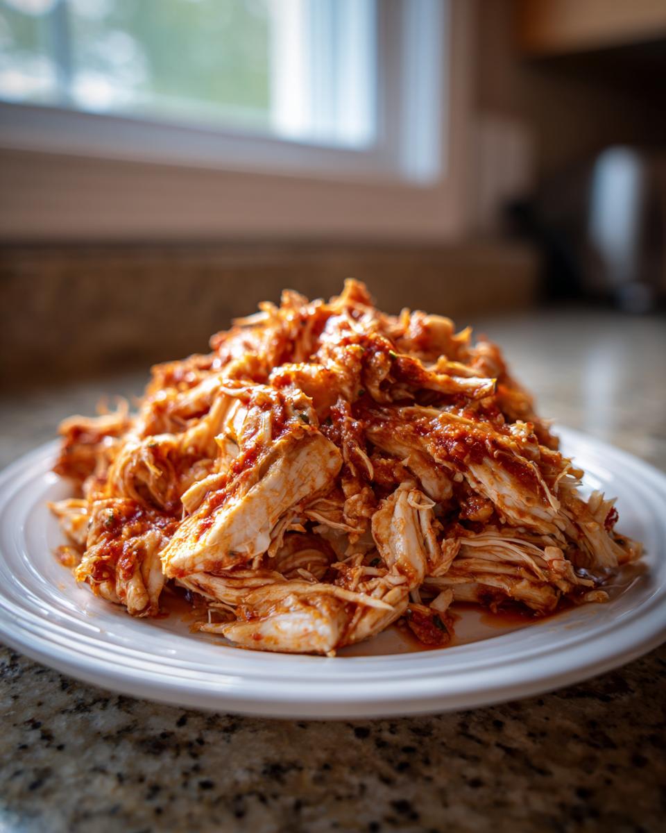 A mound of shredded crockpot italian chicken coated in a rich tomato sauce, served on a white plate.