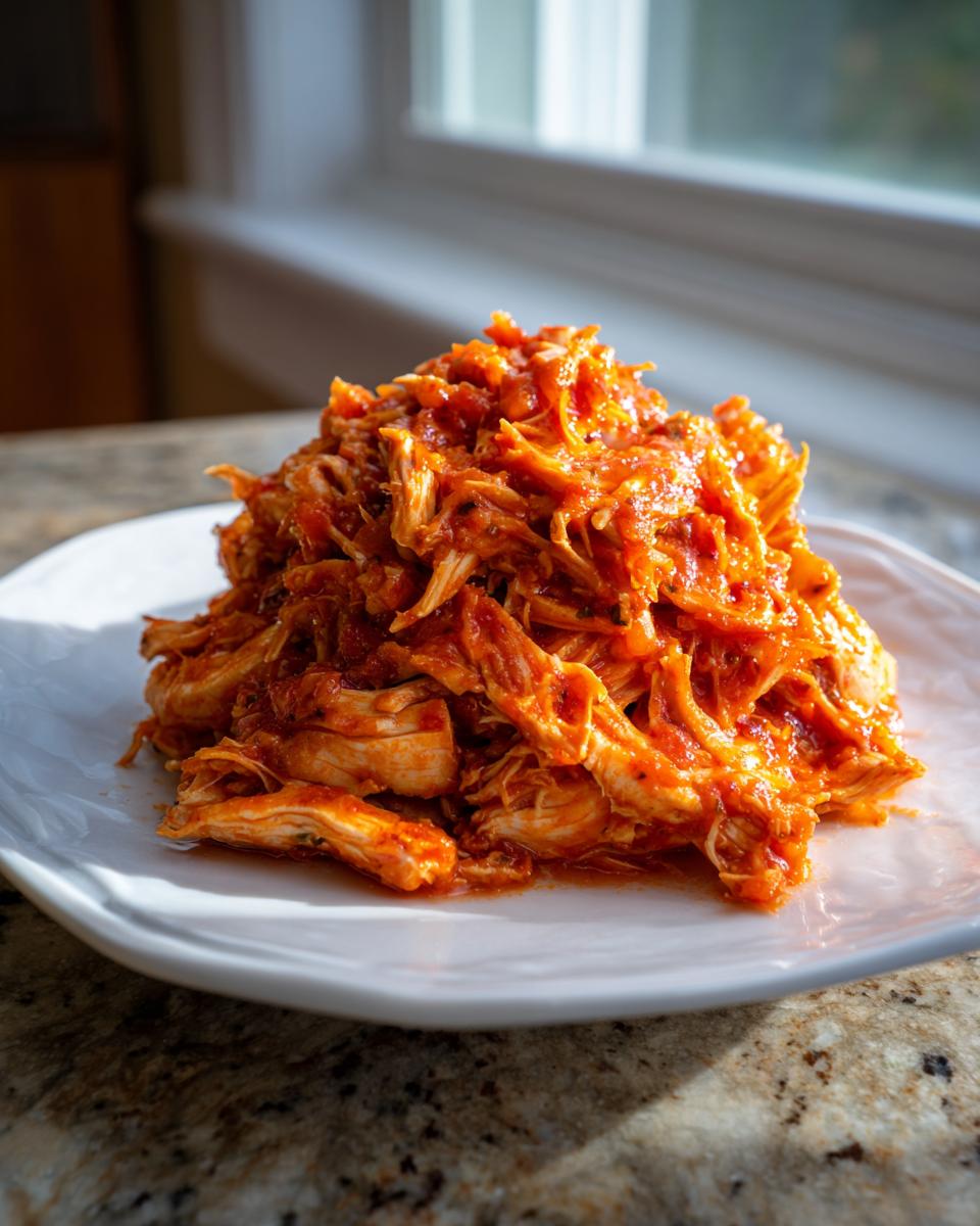 A mound of shredded crockpot italian chicken coated in a rich red tomato sauce, served on a white plate.