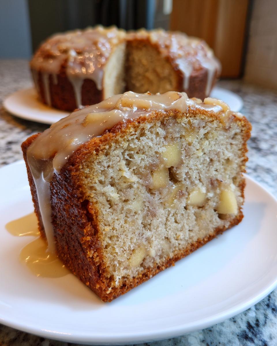 Close-up of a slice of moist apple amaretto cake showing chunks of apple and topped with a thick caramel glaze.