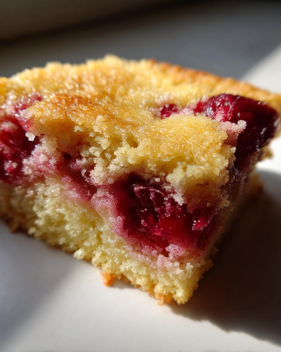 Close-up of a moist slice of cherry dump cake recipes 3 ingredients showing bright red cherries baked into the golden cake base.