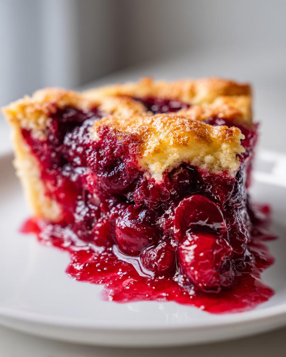 Close-up of a rich slice of cherry dump cake showing juicy cherries and golden topping on a white plate.