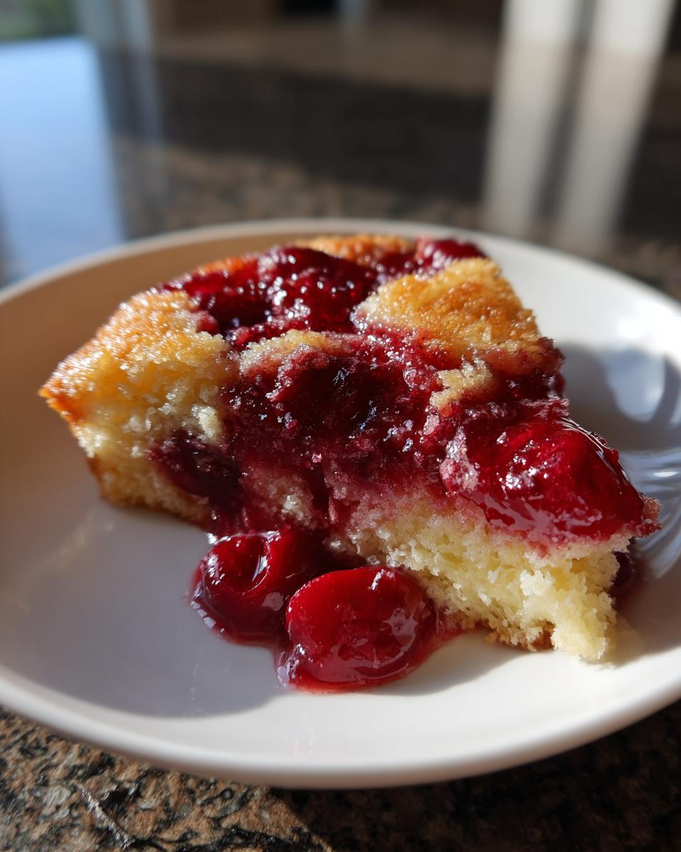 A close-up of a moist slice of cherry dump cake on a white plate, showing the bright red cherry filling.