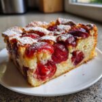A moist slice of german plum cake topped with baked red fruit and powdered sugar on a white plate.