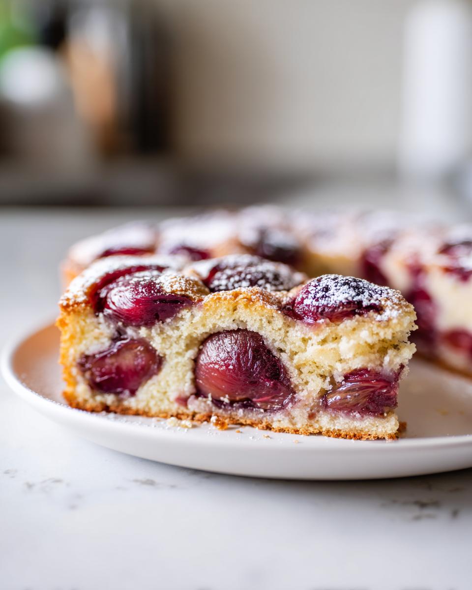 Close-up of a moist slice of german plum cake topped with baked plums and powdered sugar.