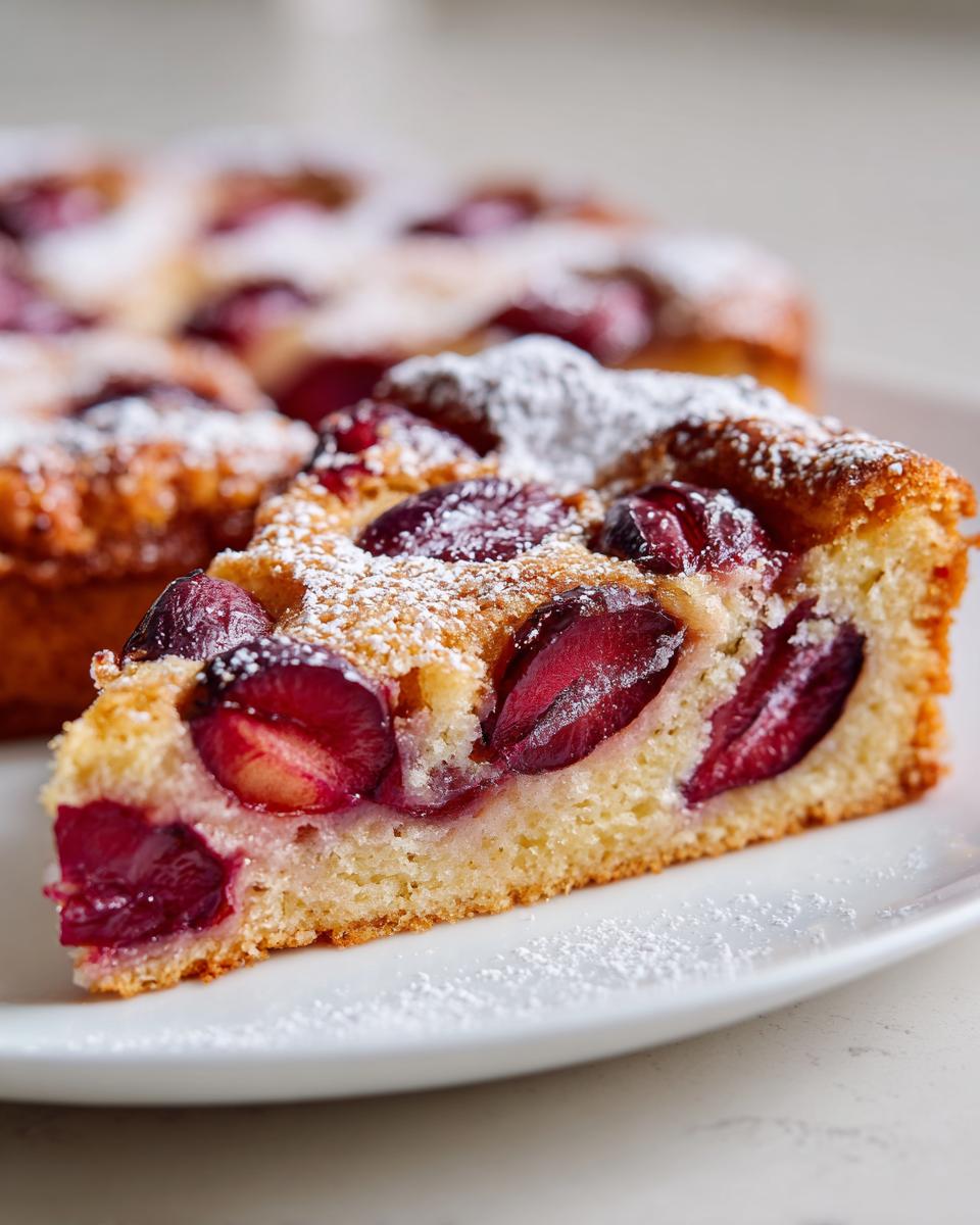 A close-up of a moist slice of german plum cake topped with bright red plums and dusted with powdered sugar.
