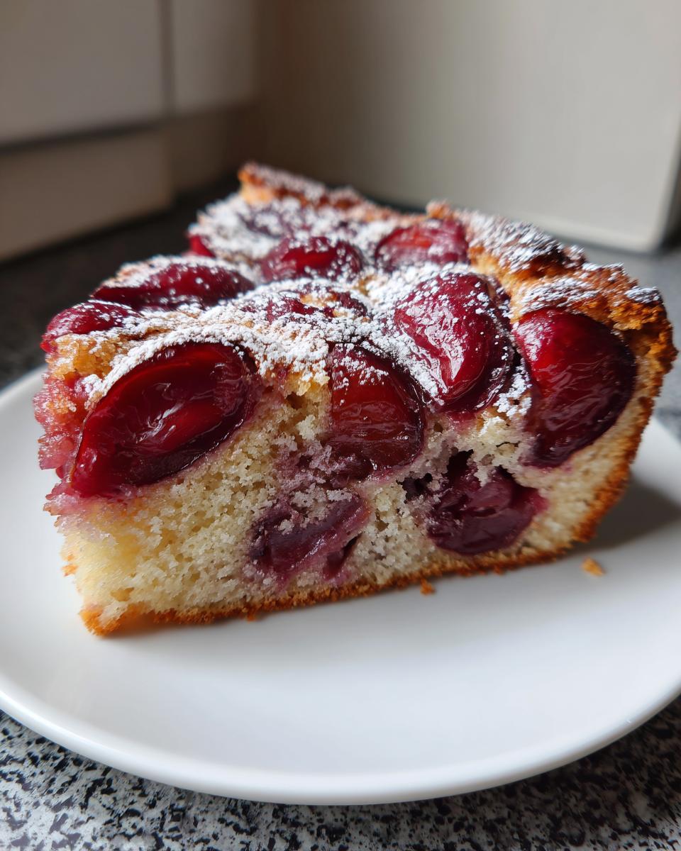 A close-up of a moist slice of german plum cake topped with baked red plums and dusted with powdered sugar.