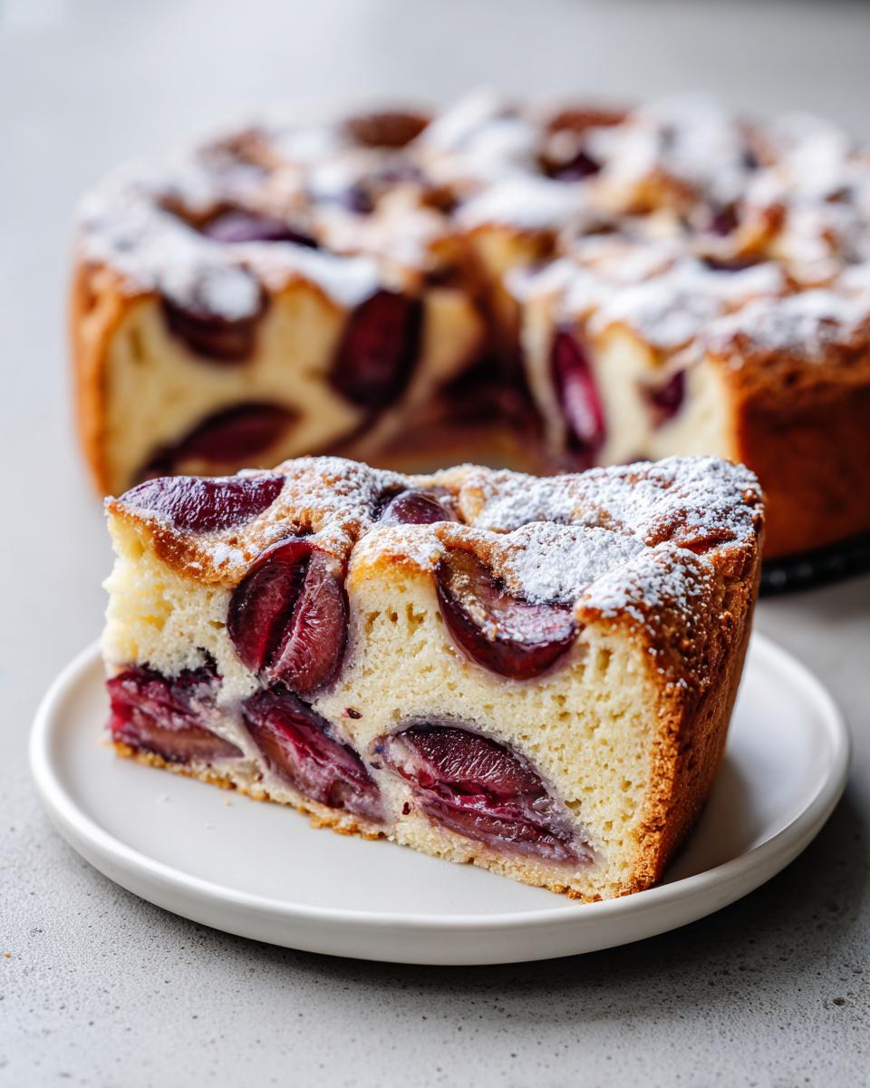 A close-up of a moist slice of german plum cake, topped with powdered sugar, resting on a white plate.
