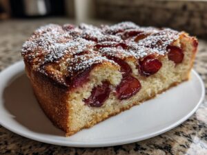 A thick slice of moist german plum cake, topped with baked plums and dusted heavily with powdered sugar, served on a white plate.