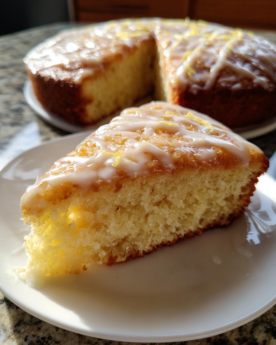 Close-up of a slice of moist healthy greek yogurt cake topped with white lemon glaze and zest.