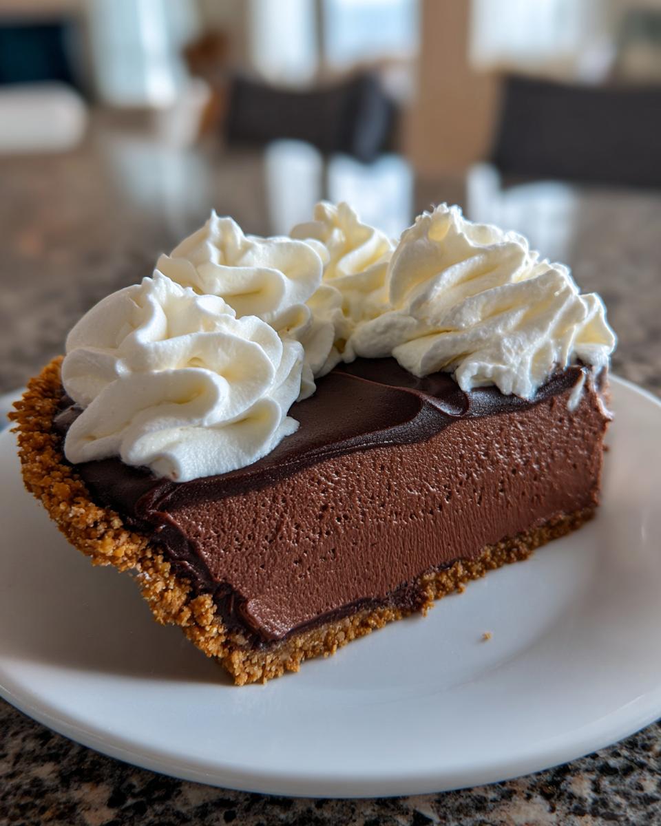 A thick slice of homemade chocolate pie featuring a rich chocolate filling, graham cracker crust, and topped with swirls of whipped cream.