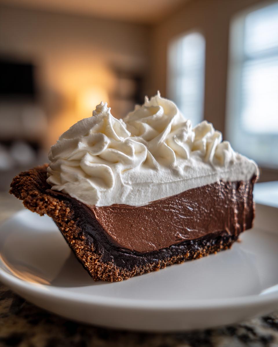 A decadent slice of homemade chocolate pie featuring a dark crust, rich chocolate filling, and a generous topping of whipped cream.