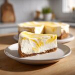 A perfect slice of lemon curd cheesecake with a graham cracker crust, set against the background of the whole lemon curd cheesecake.