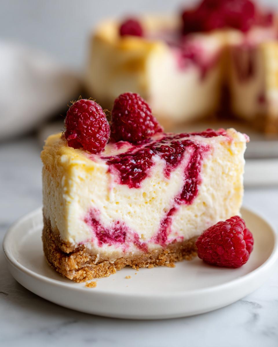 A perfect slice of no bake lemon raspberry cheesecake with a graham cracker crust, topped with fresh raspberries.
