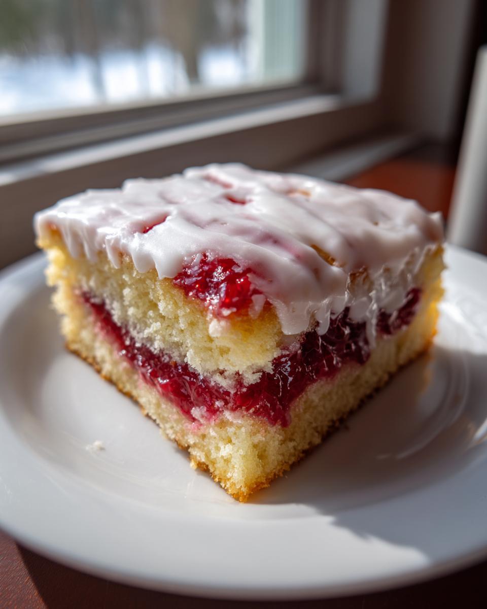 A close-up of a square slice of strawberry poptart sheet cake with bright red filling and white glaze.