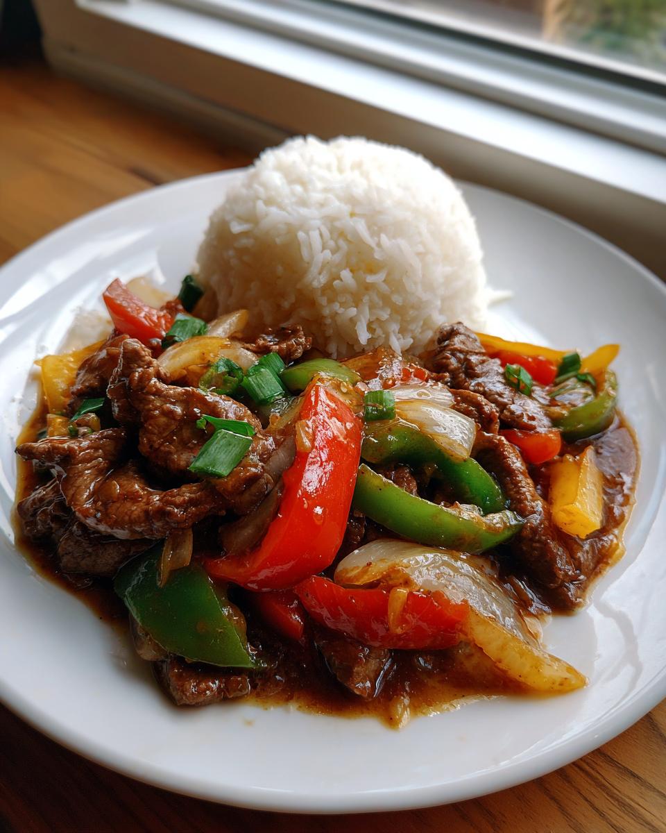 A plate featuring a serving of saucy slow cooker pepper steak with colorful bell peppers and onions, alongside a mound of white rice.