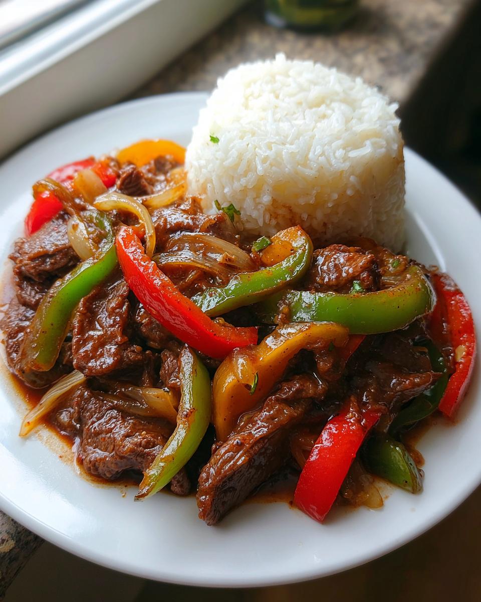 A plate featuring tender slices of slow cooker pepper steak mixed with colorful bell peppers and onions, served alongside a mound of white rice.