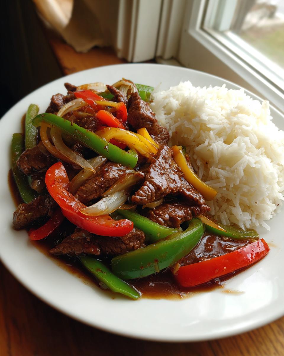 A plate featuring saucy slow cooker pepper steak mixed with colorful bell peppers and onions, served alongside fluffy white rice.