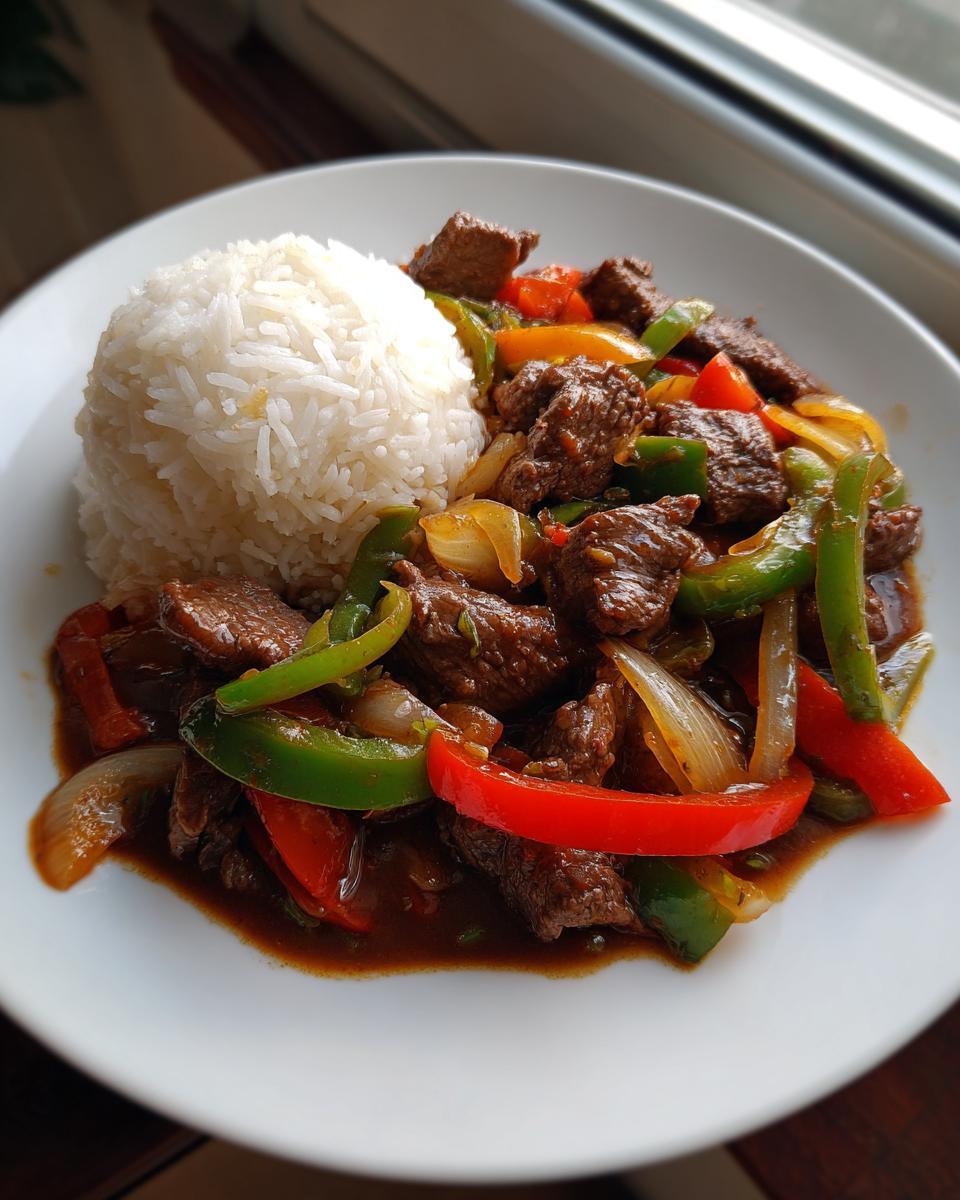 A white plate featuring a serving of slow cooker pepper steak with colorful bell peppers and onions next to a mound of white rice.