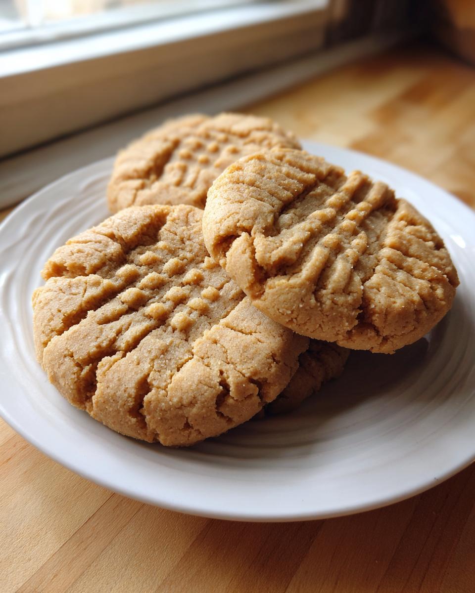A stack of three softest peanut butter cookies with classic criss-cross fork marks on a white plate.