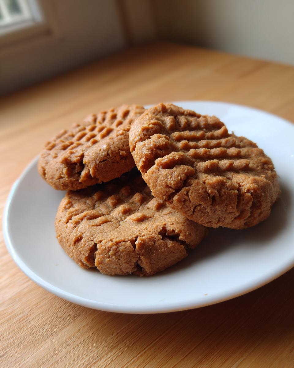 Three classic peanut butter cookies with fork marks, served on a white plate, showcasing how softest peanut butter cookies look.