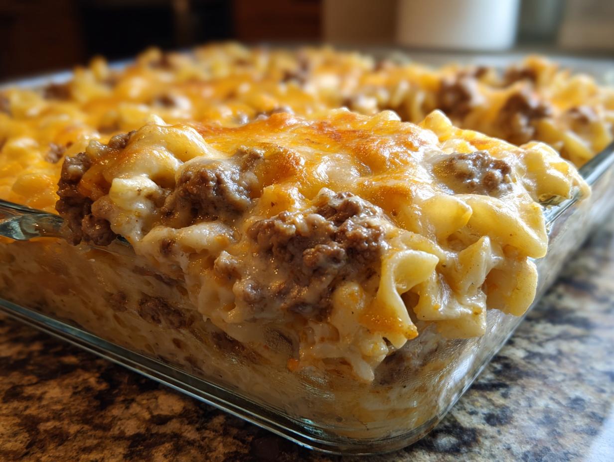 Close-up of a freshly baked sour cream beef noodle casserole with melted cheddar cheese topping in a glass dish.