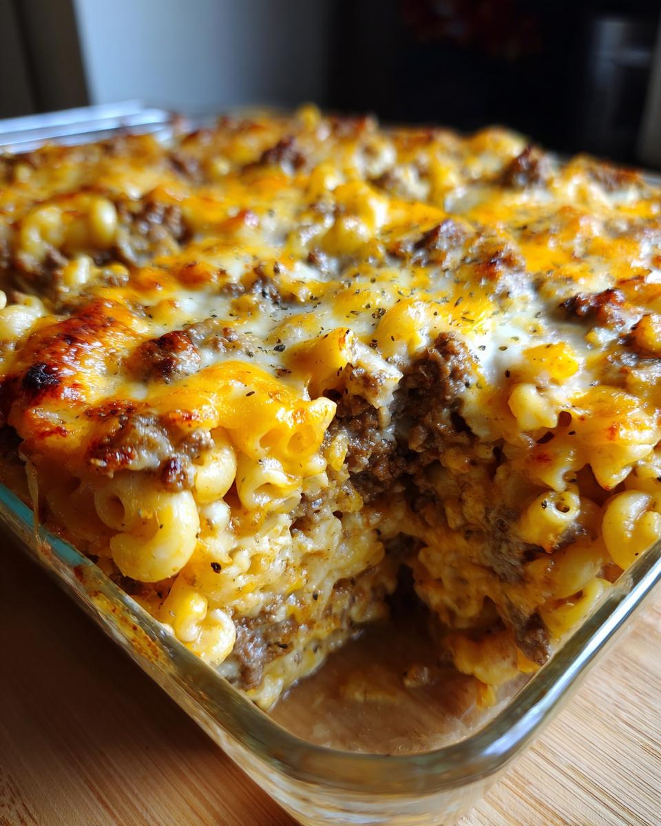 A close-up view of a baked sour cream beef noodle casserole with melted cheddar and mozzarella cheese topping.