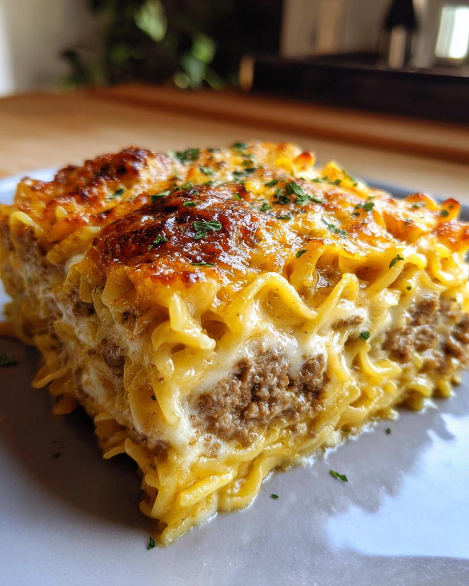 A close-up of a hearty slice of sour cream beef noodle casserole with layers of ground beef and creamy noodles, topped with melted cheese.