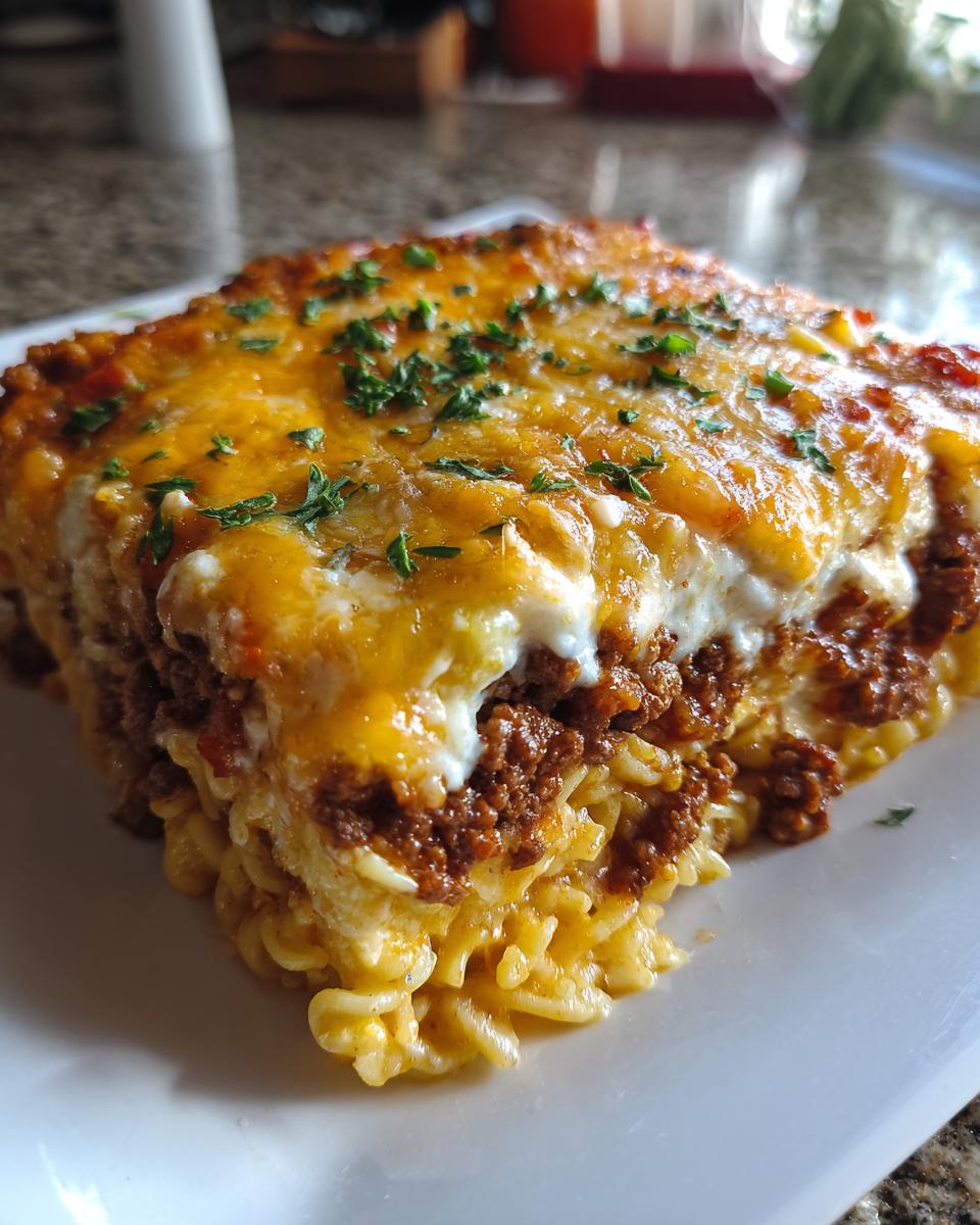 A close-up of a hearty slice of sour cream beef noodle casserole topped with melted cheese and parsley.