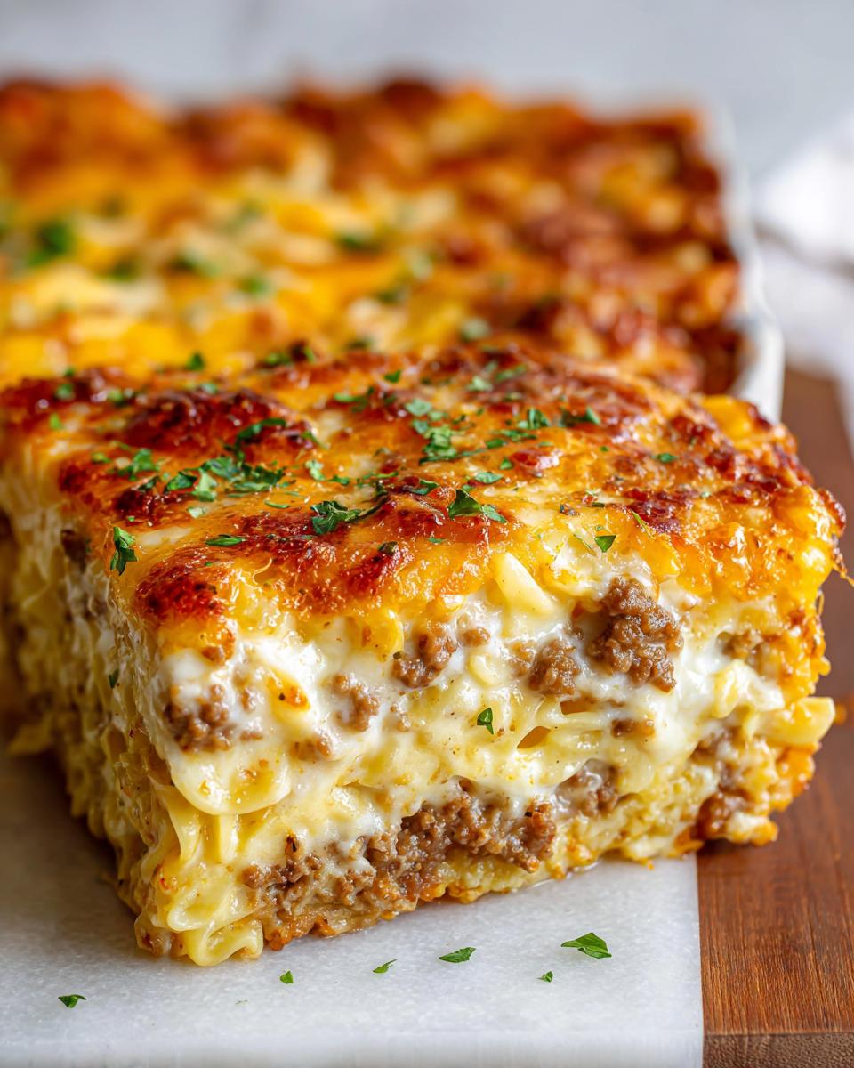 A close-up slice of baked sour cream beef noodle casserole showing layers of ground beef, creamy sauce, and noodles, topped with melted cheese and parsley.