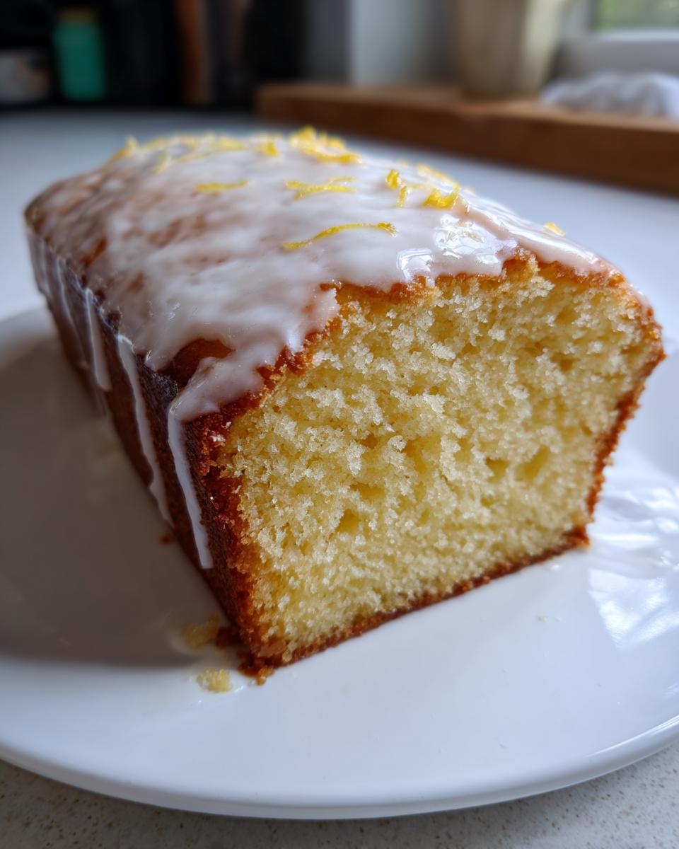 Close-up of a freshly baked sourdough discard lemon loaf with thick white glaze and lemon zest on top.