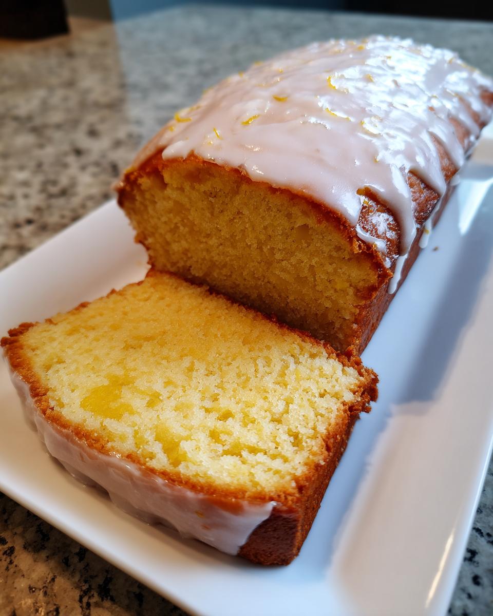A slice cut from a moist sourdough discard lemon loaf topped with white lemon glaze and zest.