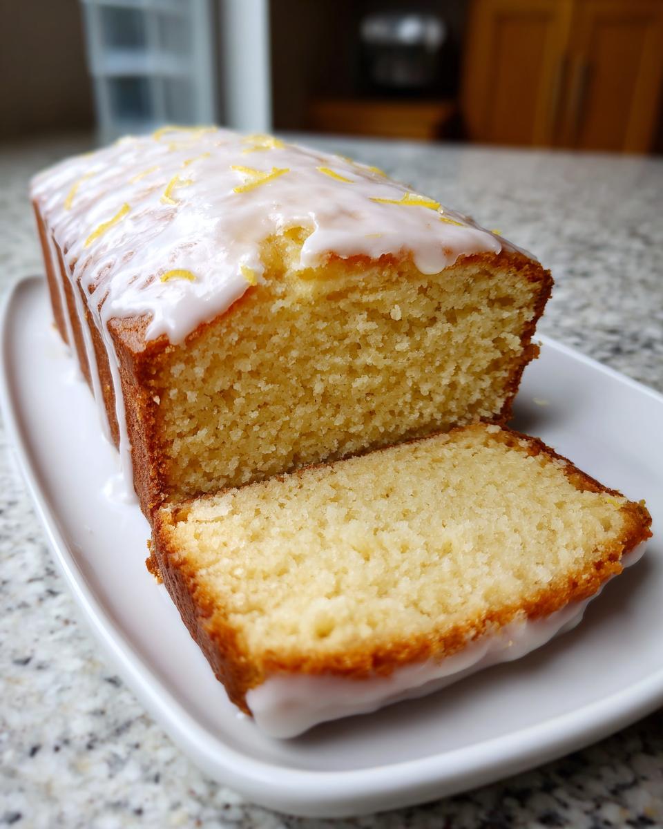 A slice cut from a moist sourdough discard lemon loaf topped with white glaze and lemon zest.