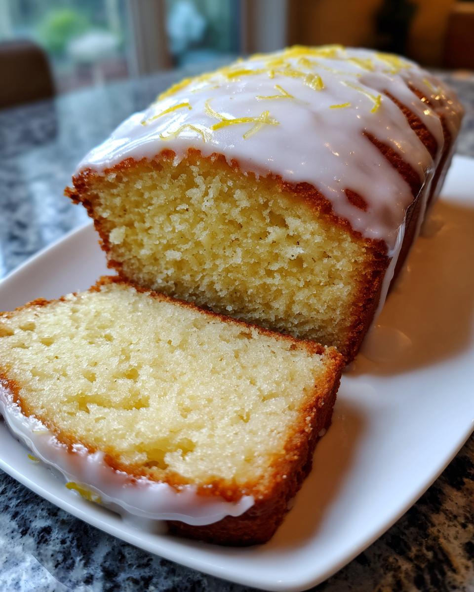 A sliced sourdough discard lemon loaf topped with white glaze and lemon zest, ready to eat.