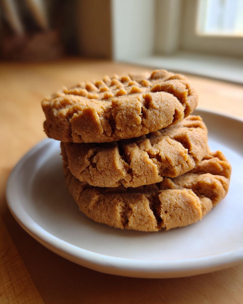 A stack of three thick, softest peanut butter cookies showing classic cross-hatch fork marks, resting on a white plate.