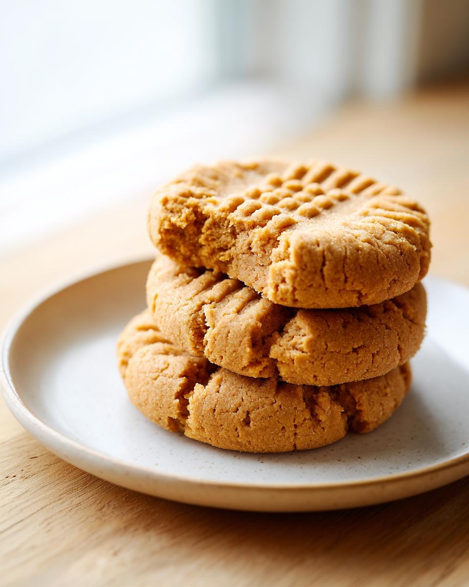 A stack of three golden brown softest peanut butter cookies featuring classic criss-cross fork marks, resting on a small plate.