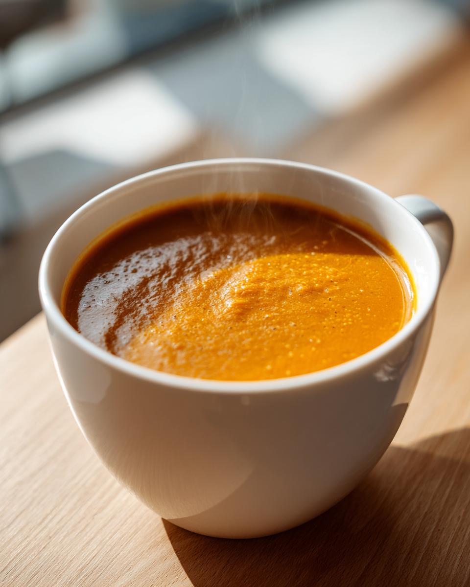 Close-up of a steaming white mug filled with vibrant orange roasted vegetable soup on a wooden surface.