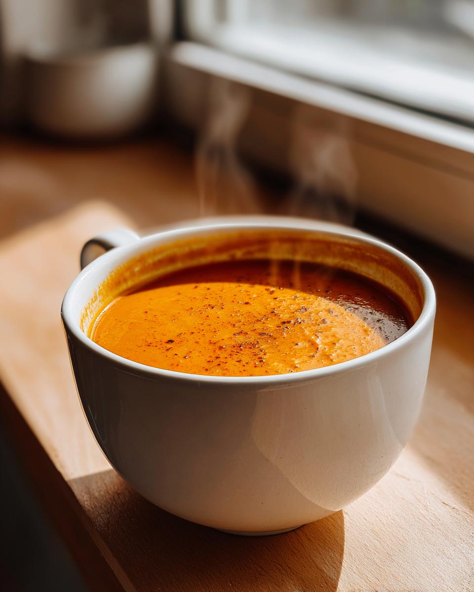 Close-up of a steaming white mug filled with vibrant orange roasted vegetable soup, set by a sunlit window.