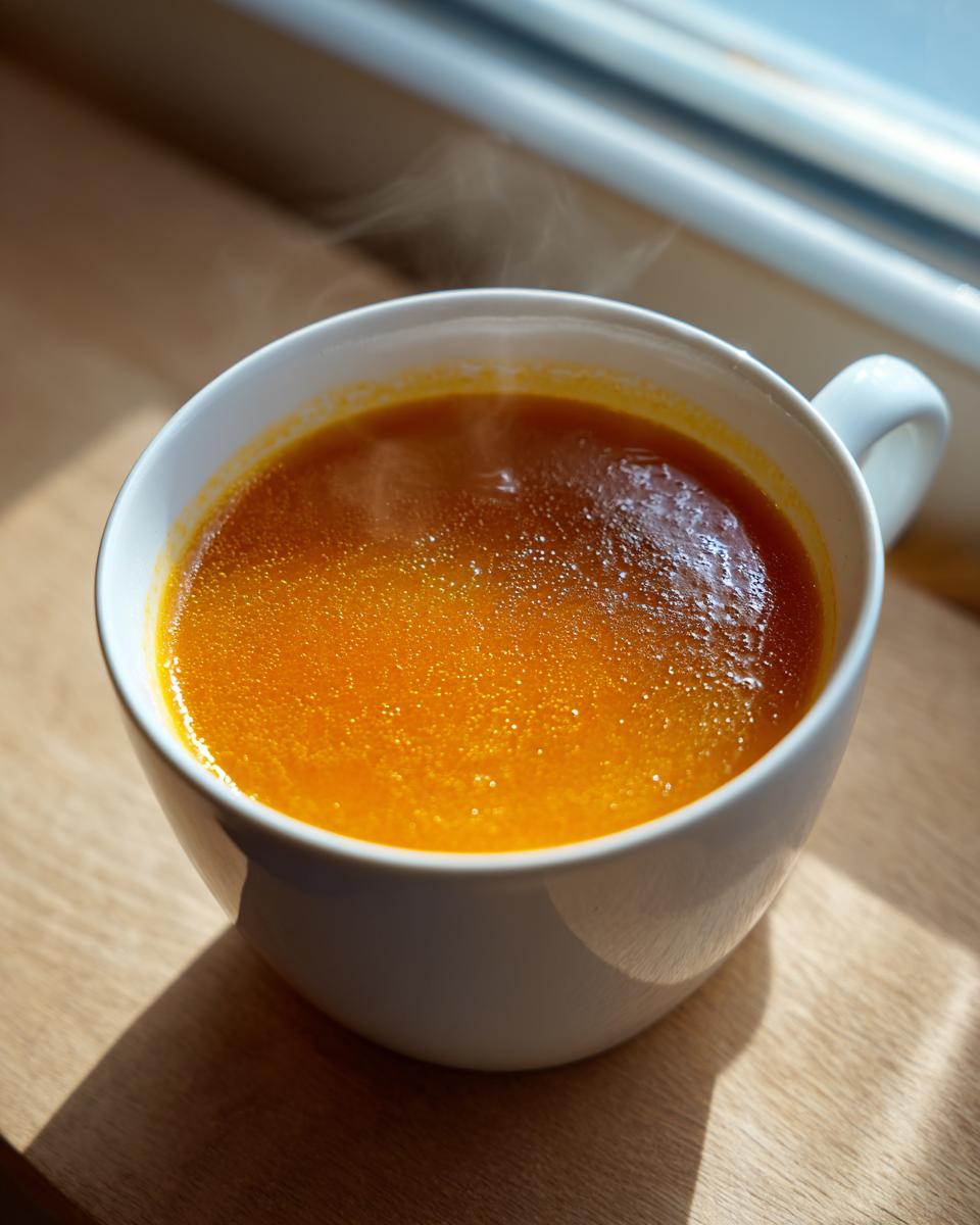 Close-up of steaming hot, vibrant orange roasted vegetable soup served in a white mug on a wooden surface.