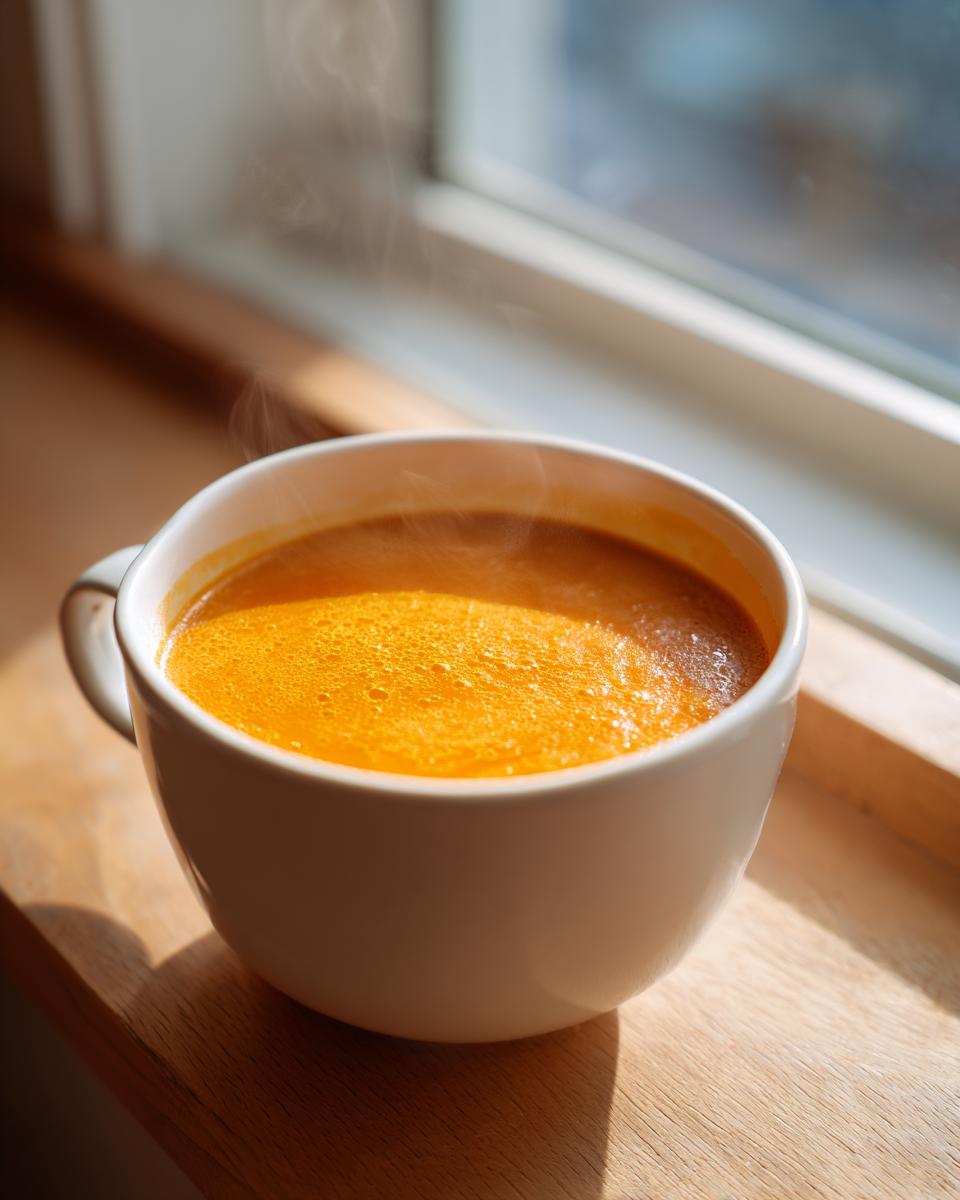 A steaming white mug filled with bright orange roasted vegetable soup sits on a wooden windowsill.