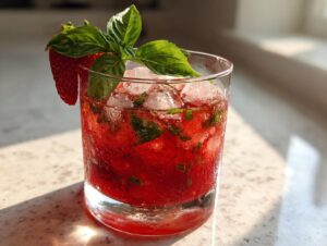 A close-up of a vibrant red strawberry basil smash cocktail filled with ice, garnished with fresh basil and a strawberry slice.