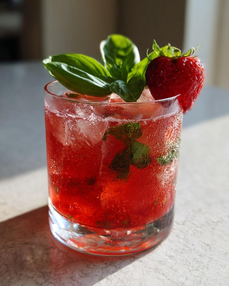 A condensation-covered glass filled with a vibrant red strawberry basil smash cocktail, garnished with fresh basil leaves and a whole strawberry.